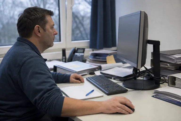 Sachbearbeiter prüft digitale Rechnungs und Kursunterlagen auf einem Bildschirm