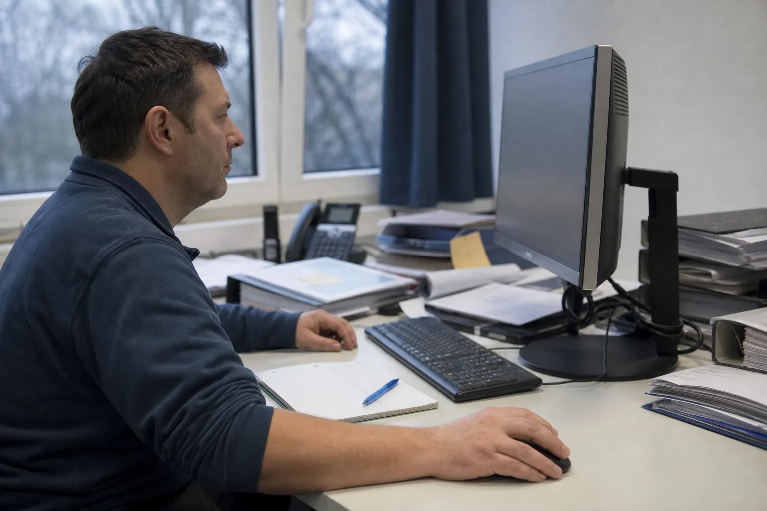 Sachbearbeiter prüft digitale Rechnungs und Kursunterlagen auf einem Bildschirm