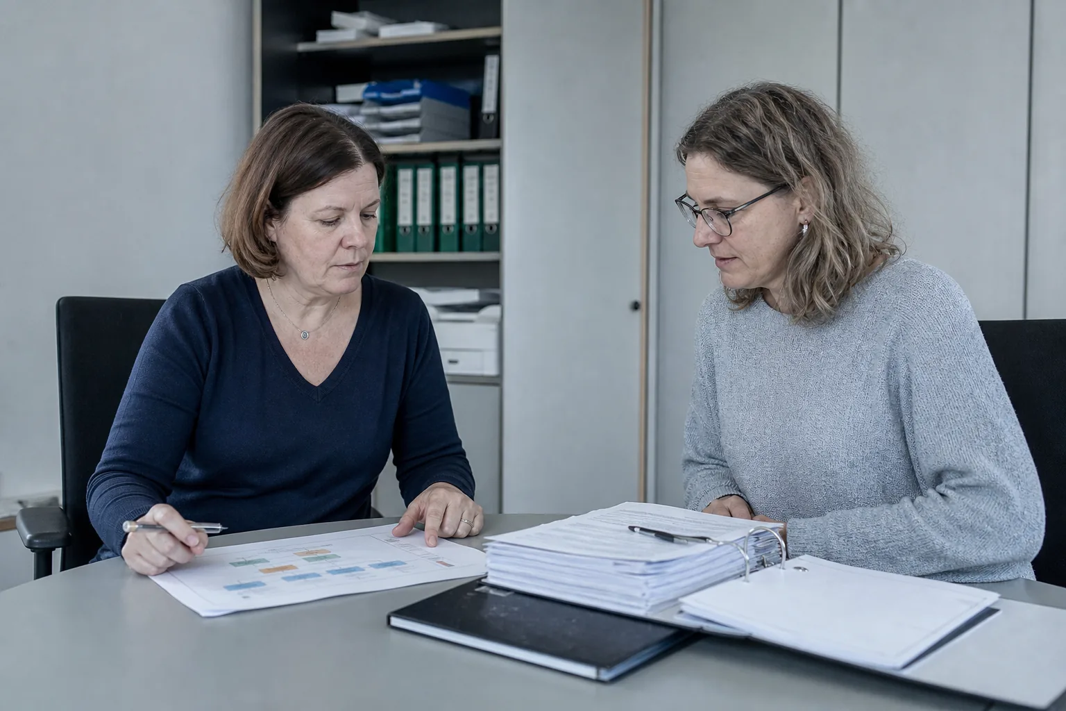 Zwei Mitarbeiterinnen prüfen eine Prozessübersicht und Teilnehmerakten